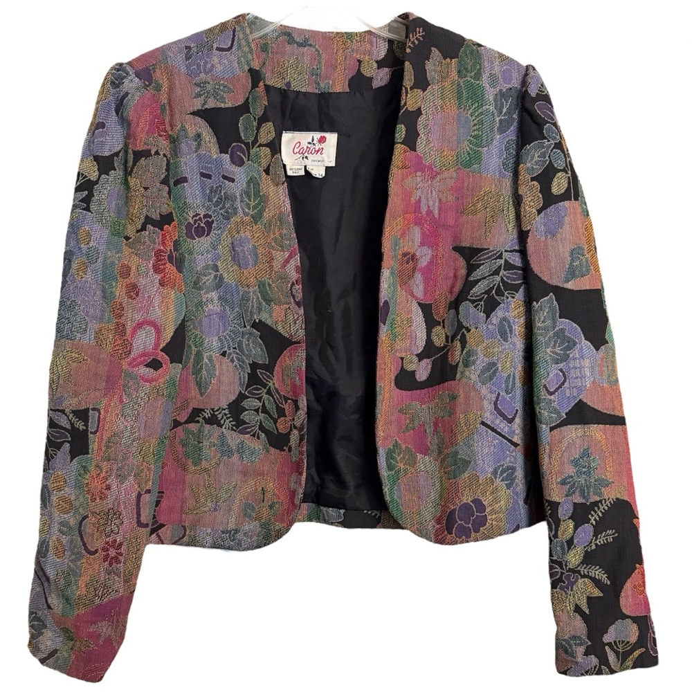 Vintage 80s Floral Woven Artwear Jacket M Cropped Open Front - Picture 2 of 6